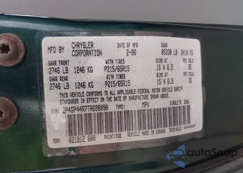 1996 Plymouth Grand Voyager Se from USA, damaged, VIN 2P4GP44R7TR698090